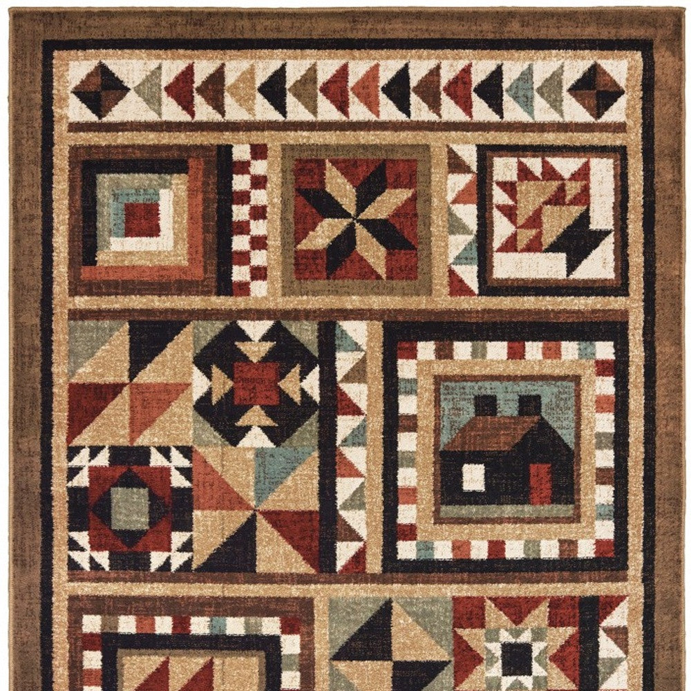 7' X 9' Brown And Red Ikat Patchwork Area Rug