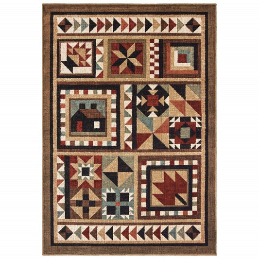 5' X 7' Brown And Red Ikat Patchwork Area Rug