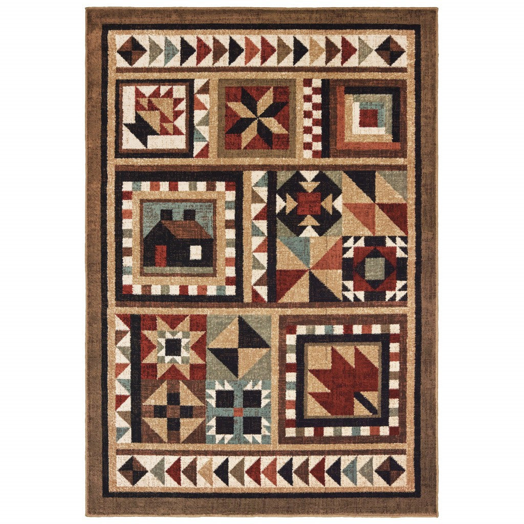 7' X 9' Brown And Red Ikat Patchwork Area Rug