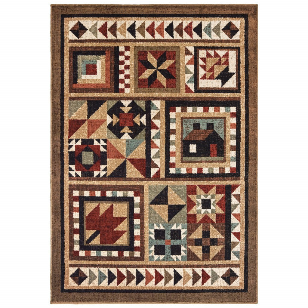 7' X 9' Brown And Red Ikat Patchwork Area Rug