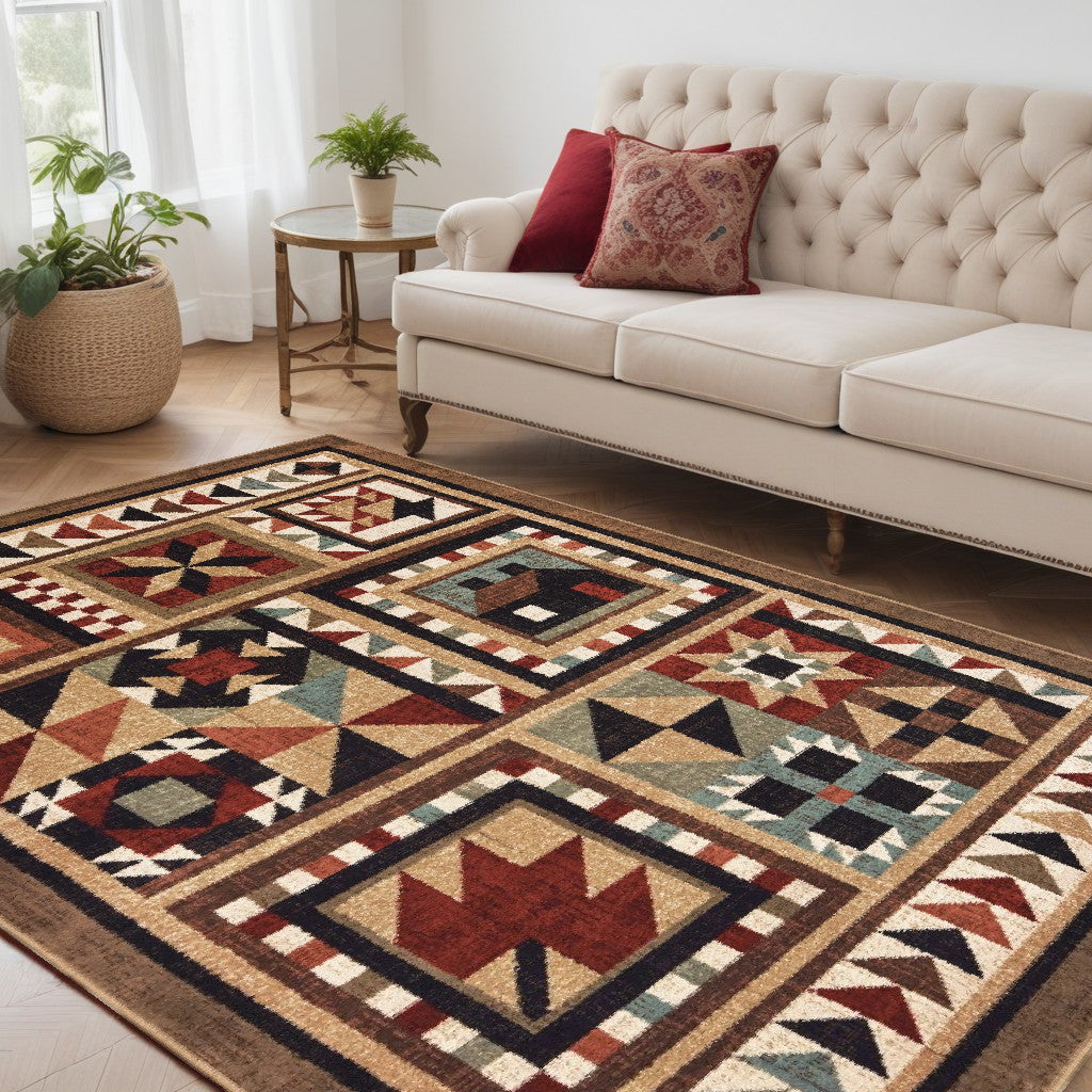 7' X 9' Brown And Red Ikat Patchwork Area Rug