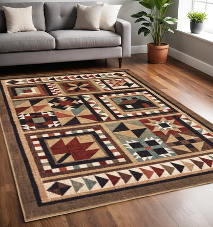 2' X 3' Brown And Red Ikat Patchwork Scatter Rug