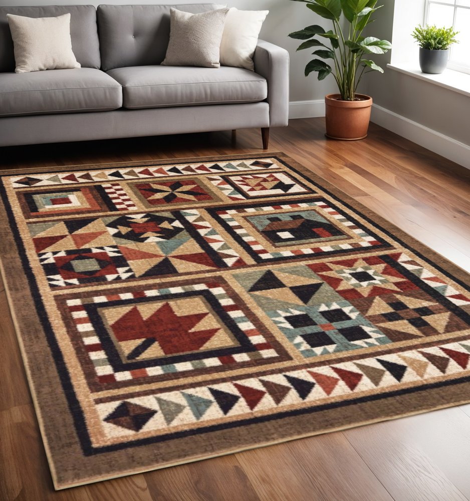 2' X 3' Brown And Red Ikat Patchwork Scatter Rug