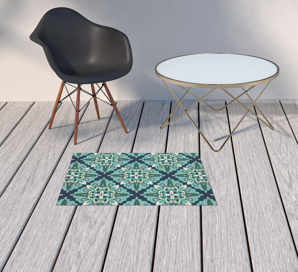 5' X 8' Blue and Green Indoor Outdoor Area Rug