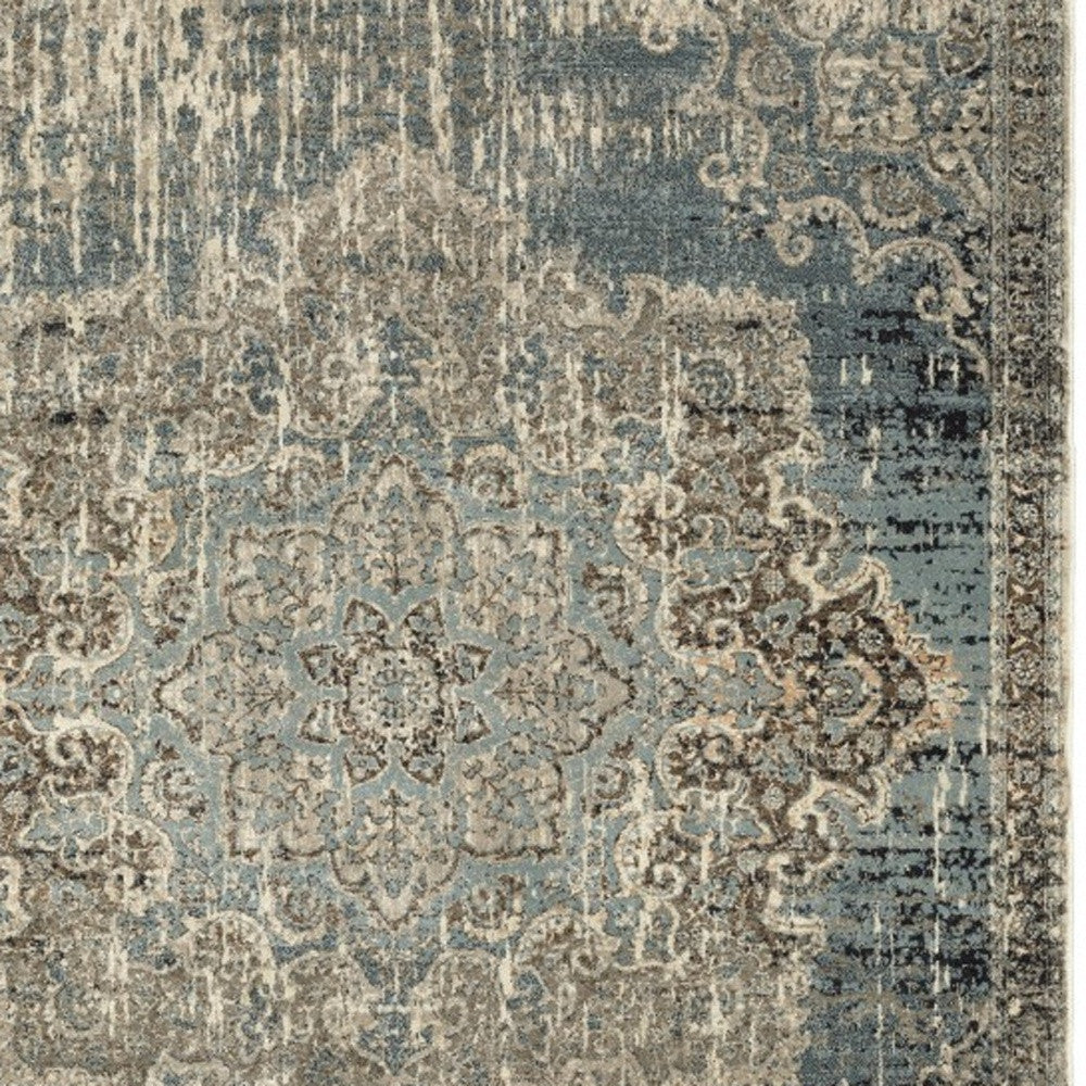 7' X 10' Blue And Ivory Medallion Area Rug