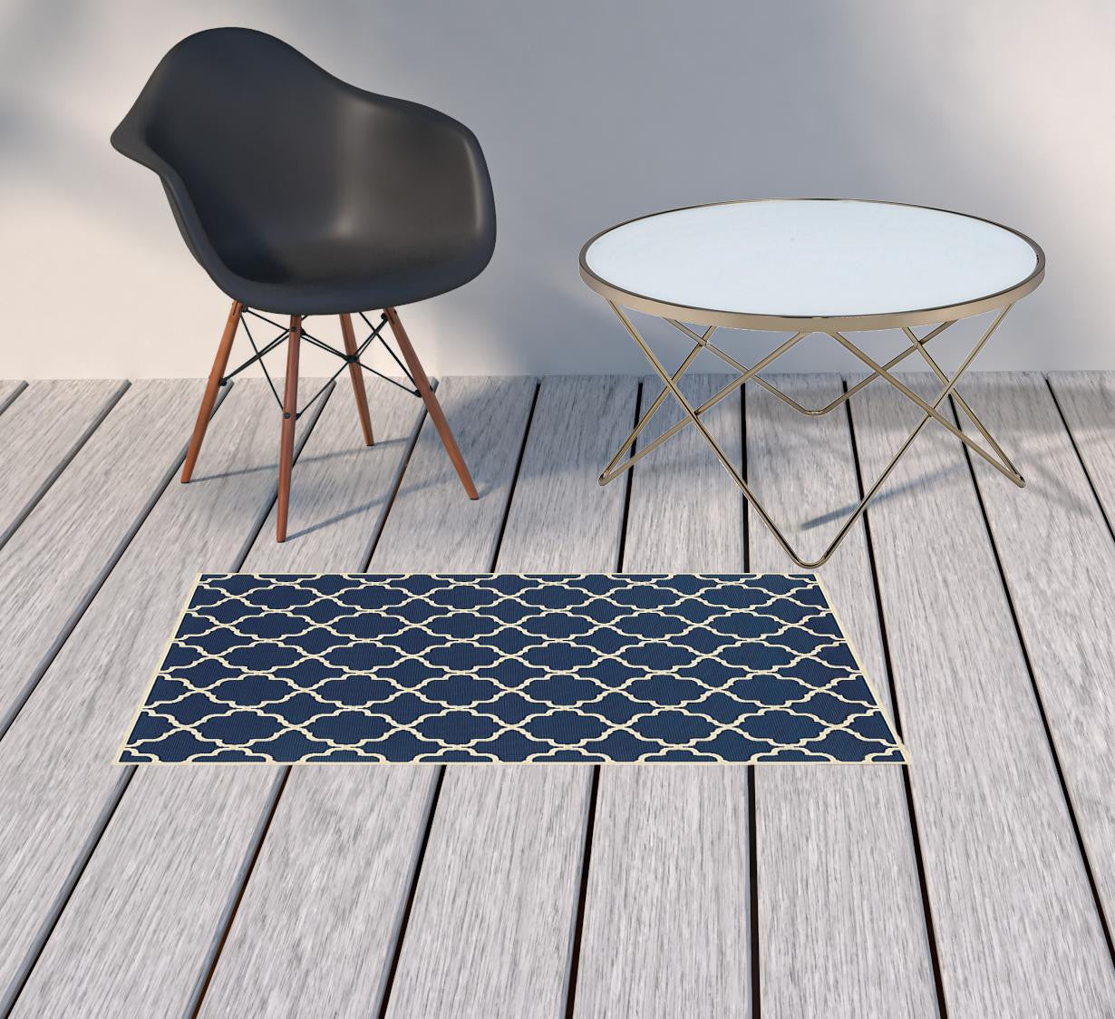 2' X 4' Blue and Ivory Indoor Outdoor Area Rug