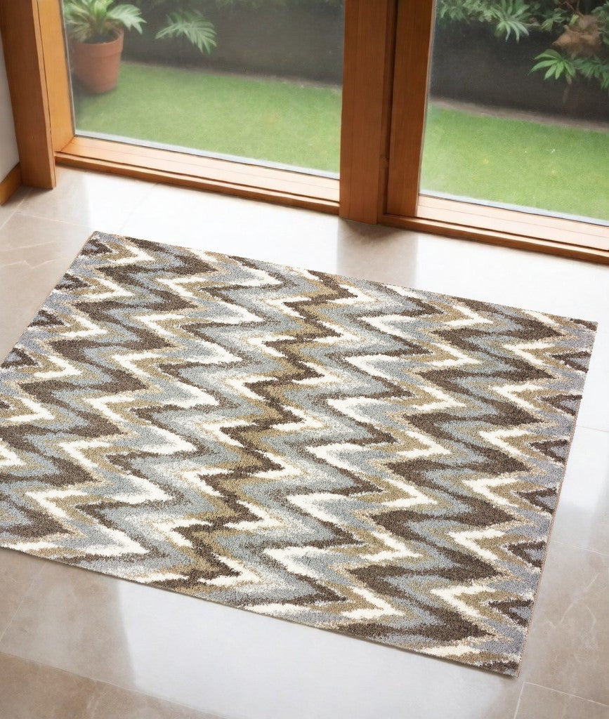 2' X 8' Gray And Taupe Ikat Pattern Runner Rug