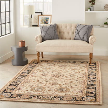 Beige Persian-style rug with dark border in a bright living room.