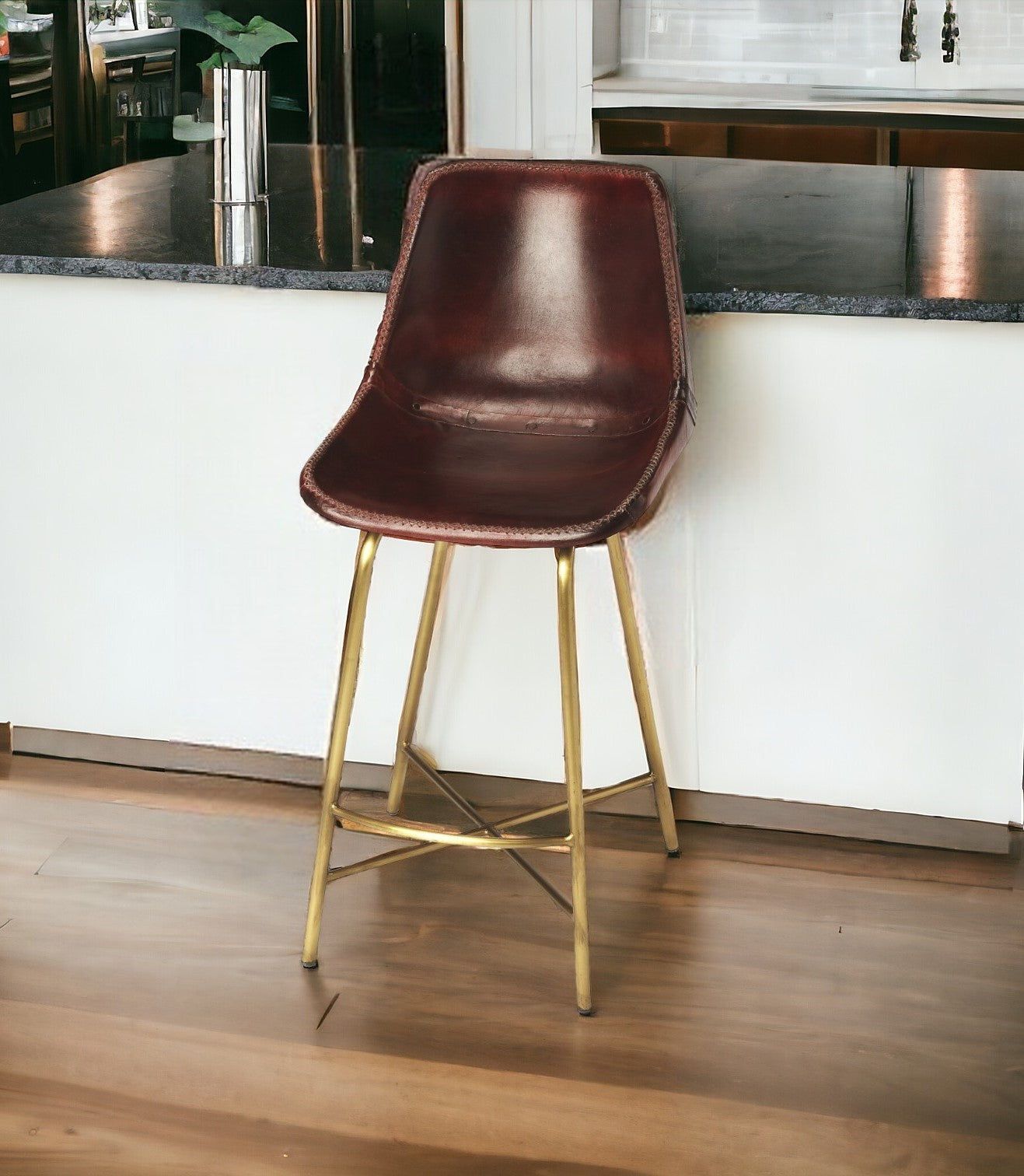 26" Brown And Gold Leather And Iron Bar Chair