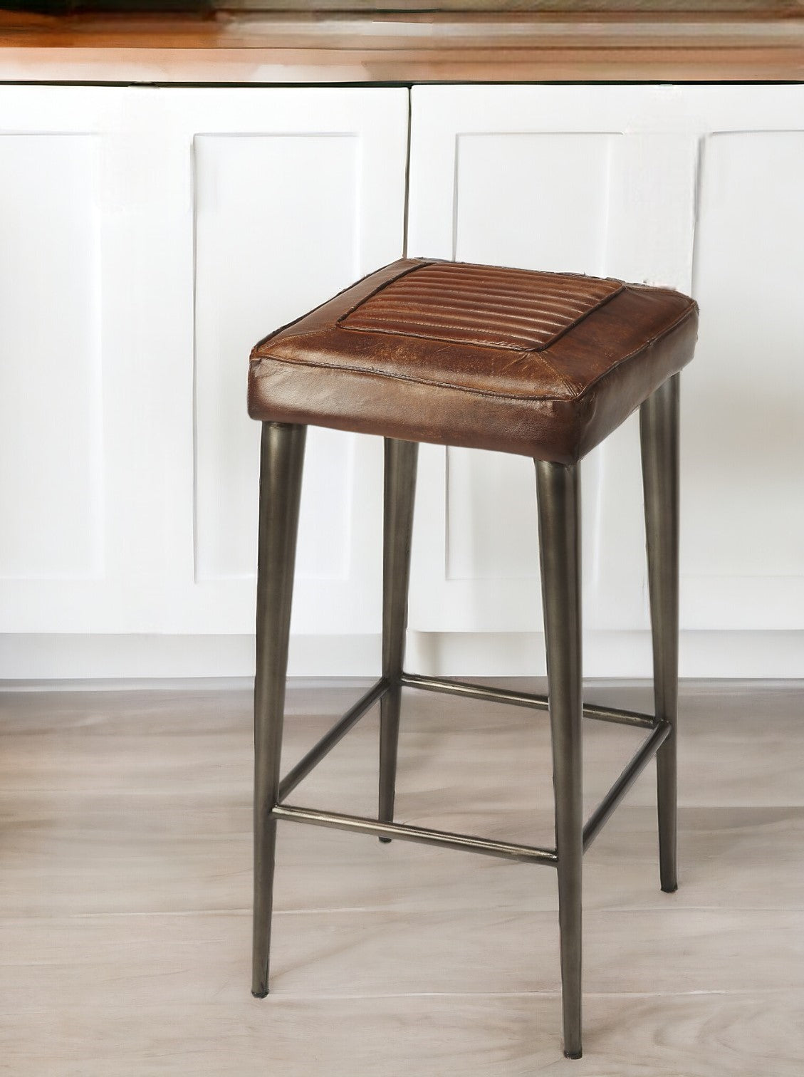 32" Brown And Gray Iron Backless Counter Height Bar Chair