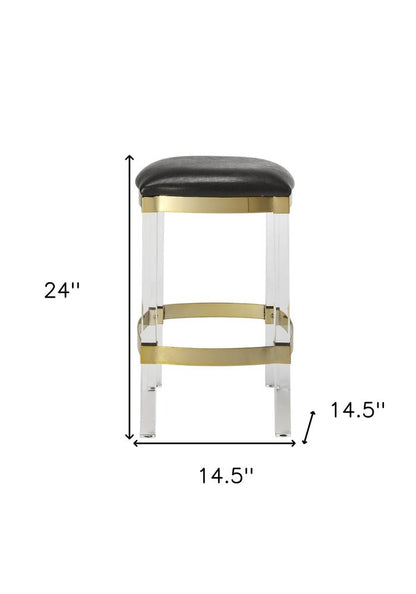 24" backless counter-height bar chair with a black seat and clear elements in a stainless steel frame