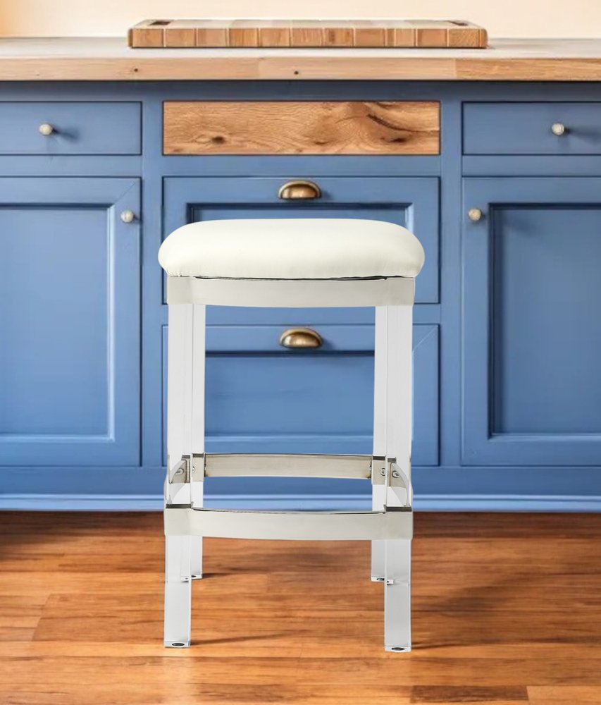 24" White and Clear Stainless Steel and Acrylic Backless Counter Height Bar Chair