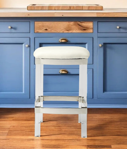 24" White and Clear Stainless Steel and Acrylic Backless Counter Height Bar Chair