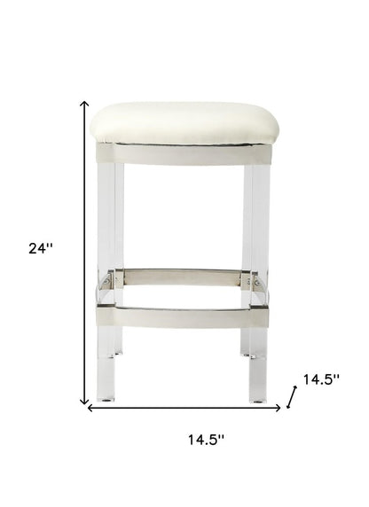 24" White and Clear Stainless Steel and Acrylic Backless Counter Height Bar Chair