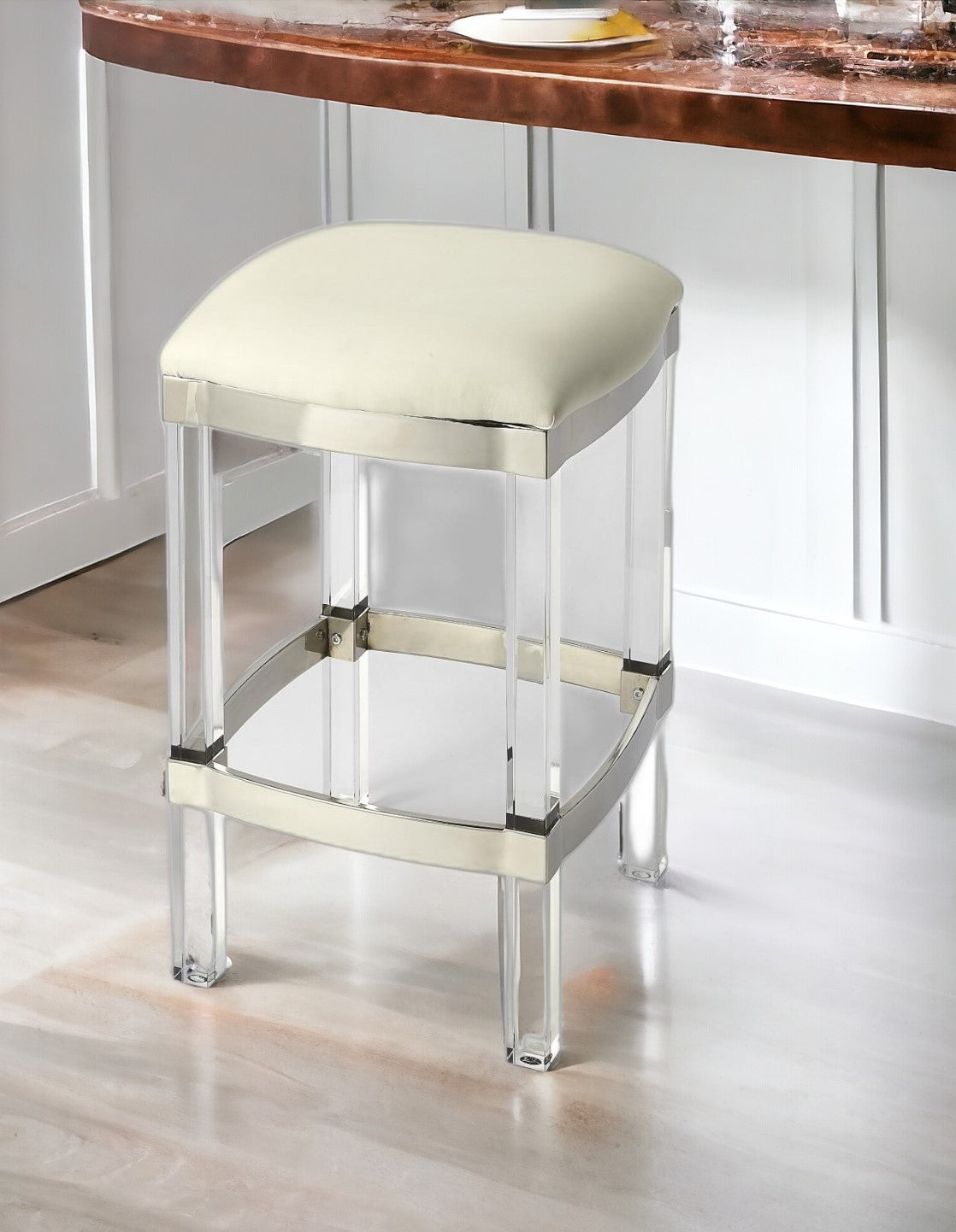 24" White And Clear Acrylic Backless Counter Height Bar Chair