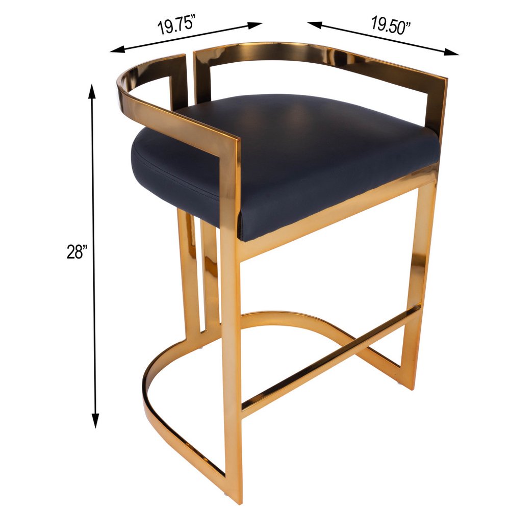 28-inch black and gold iron low-back counter-height bar chair.