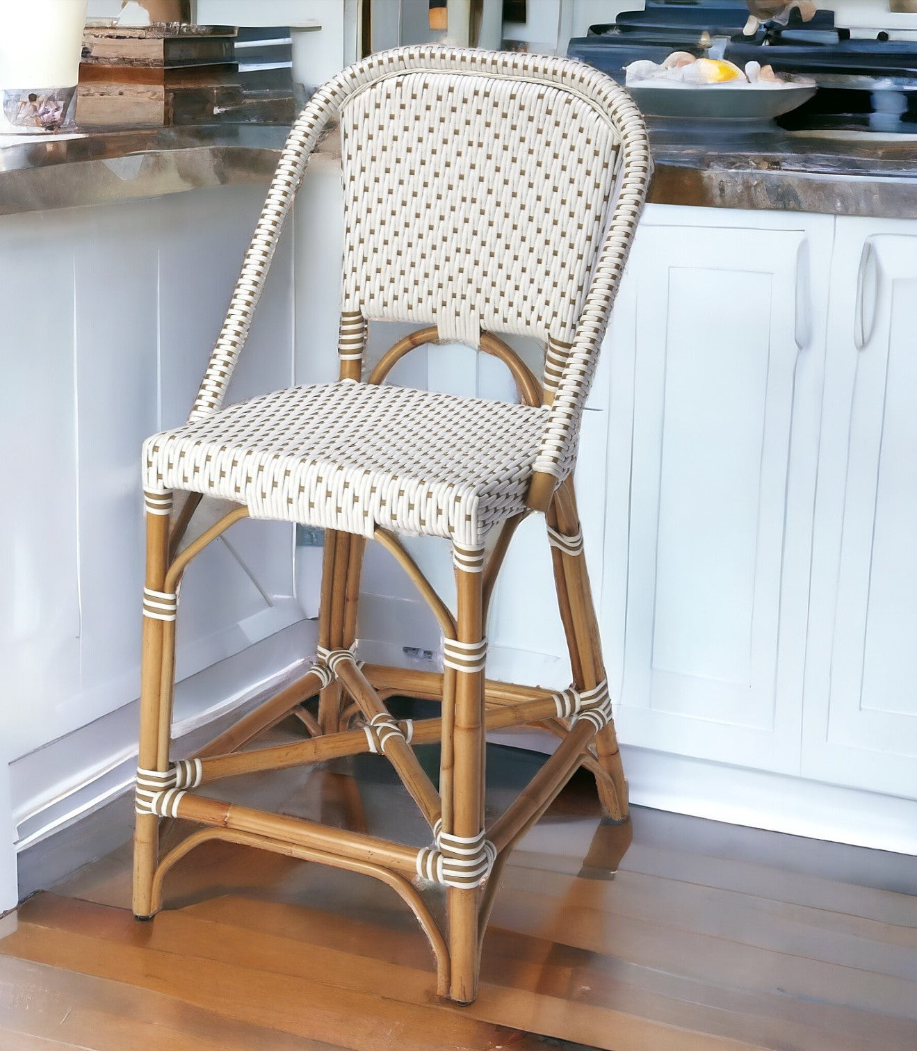 28" White And Natural Rattan Bar Chair