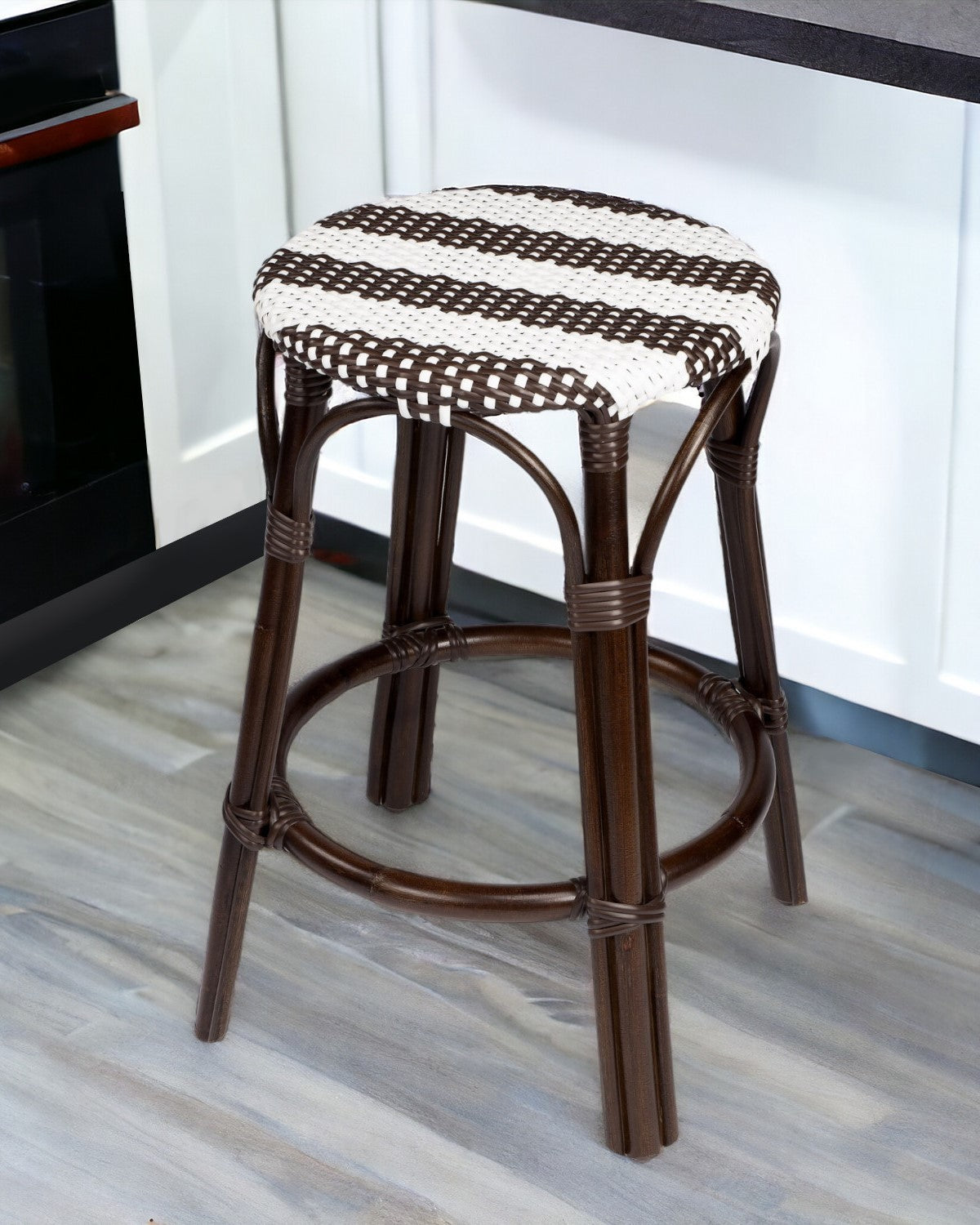 24" Dark Brown and White Rattan Backless Counter Height Bar Chair