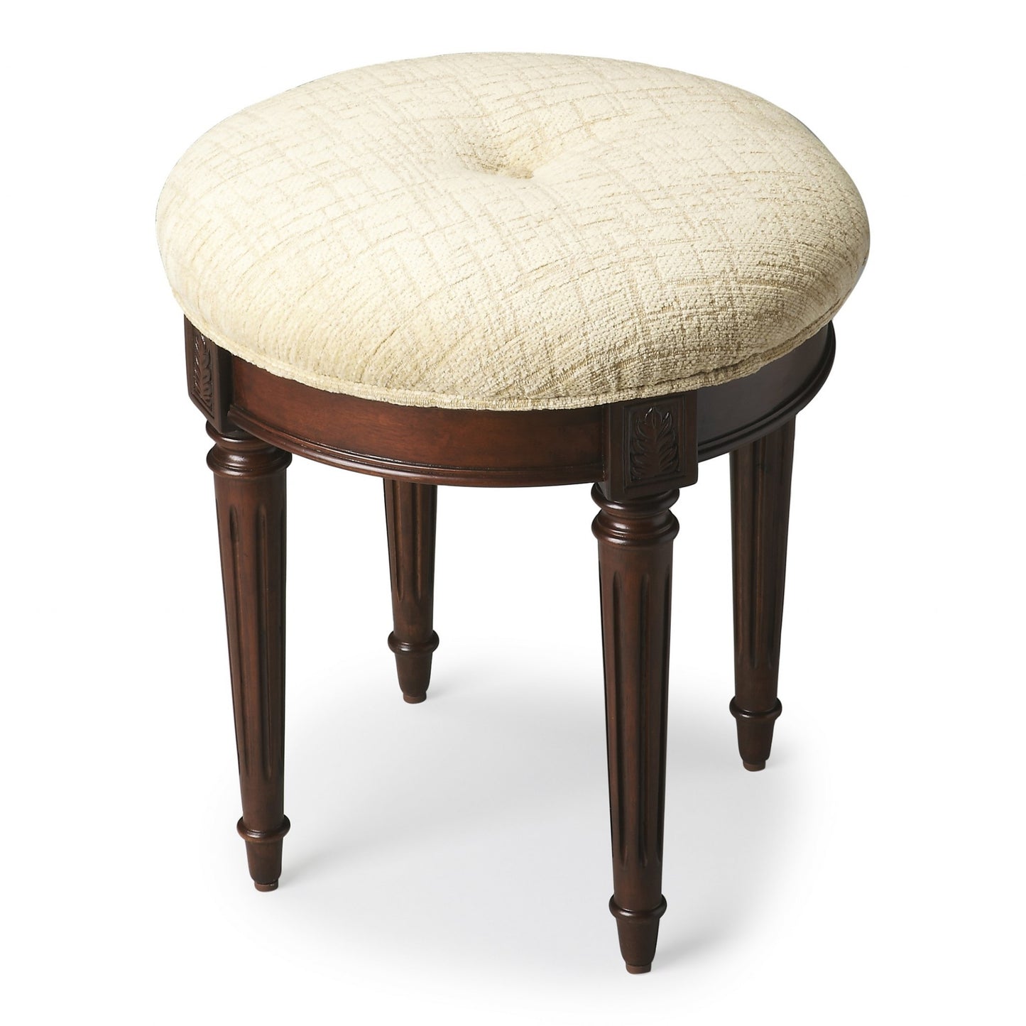 18" Off White Linen And Dark Brown Ottoman