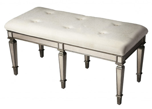 42-inch silver upholstered entryway bench with 100% cotton fabric.