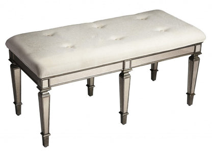 42" long silver upholstered entryway bench, 100% cotton upholstery.