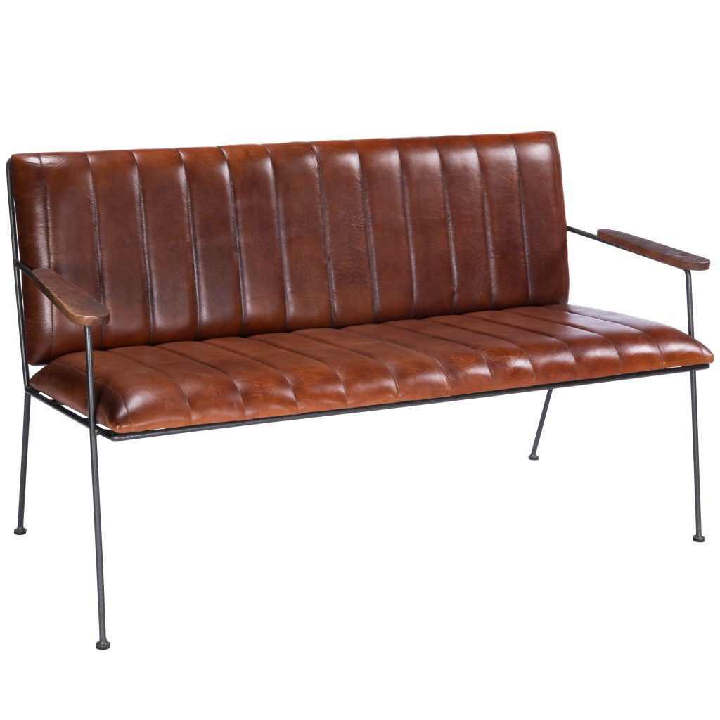 53" Brown and Black Upholstered Faux Leather Distressed Bench