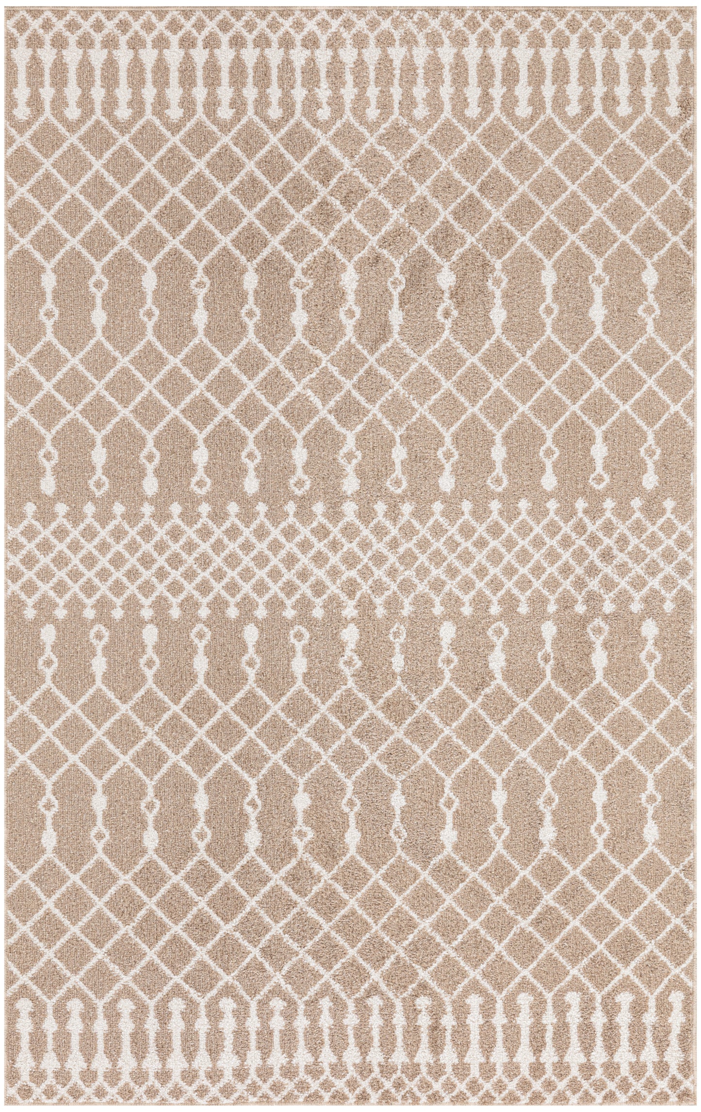 Beige rug with white lattice diamond pattern and tassel border, boho flat-weave style.