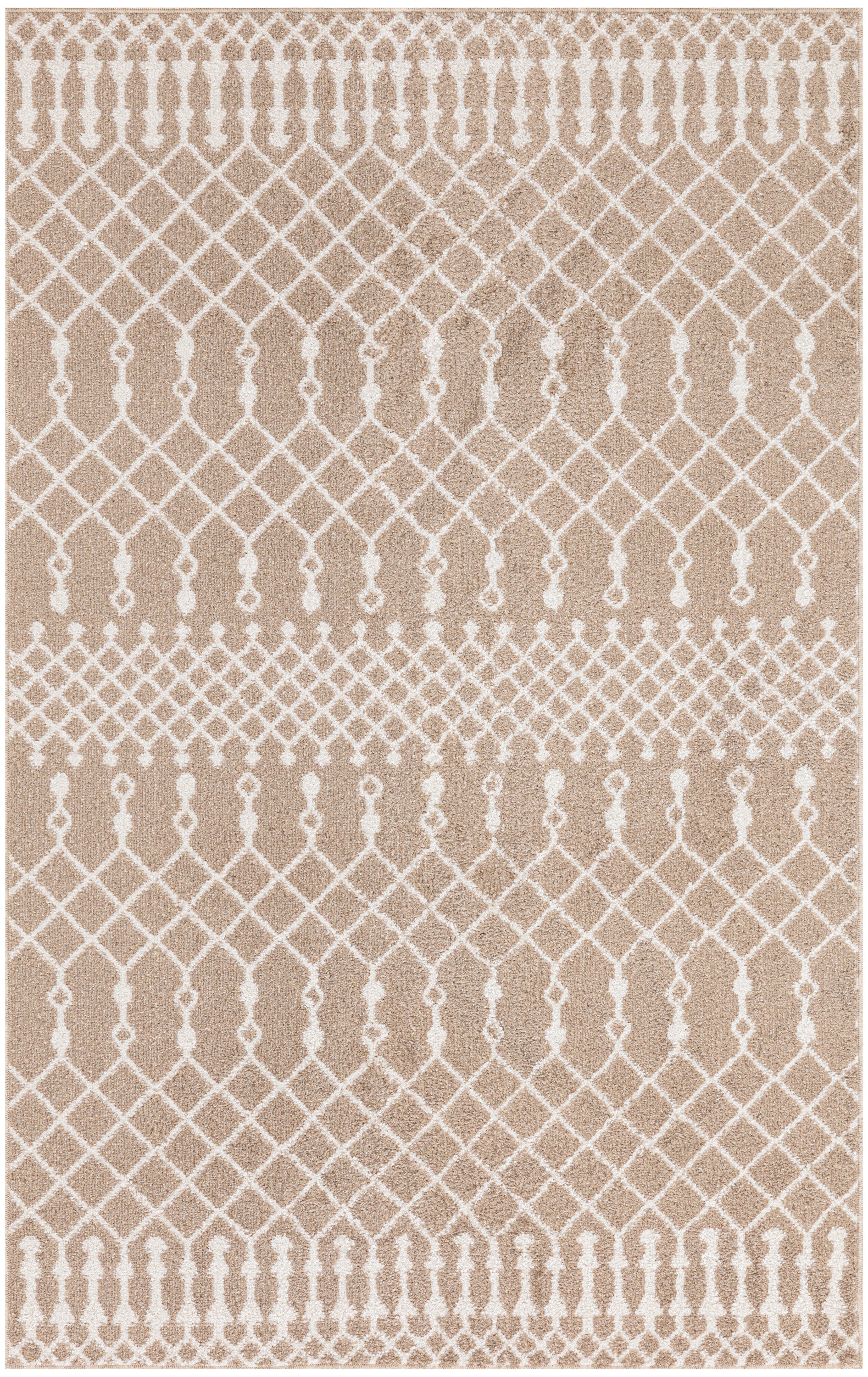 Beige rug with white lattice diamond pattern and tassel border, boho flat-weave style.