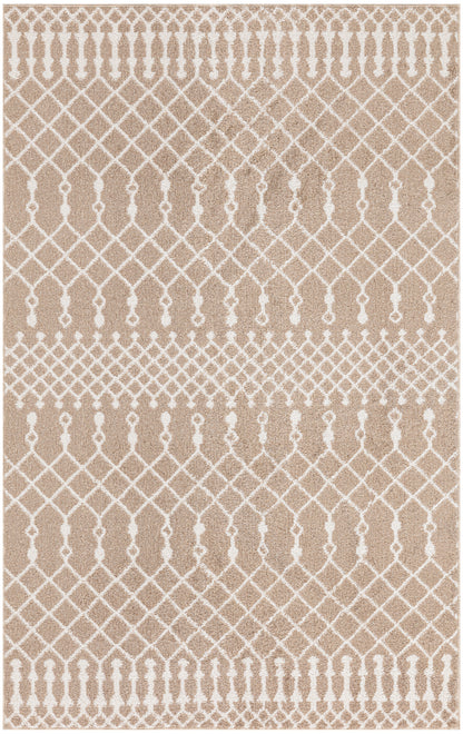 Beige rug with white lattice diamond pattern and tassel border, boho flat-weave style.