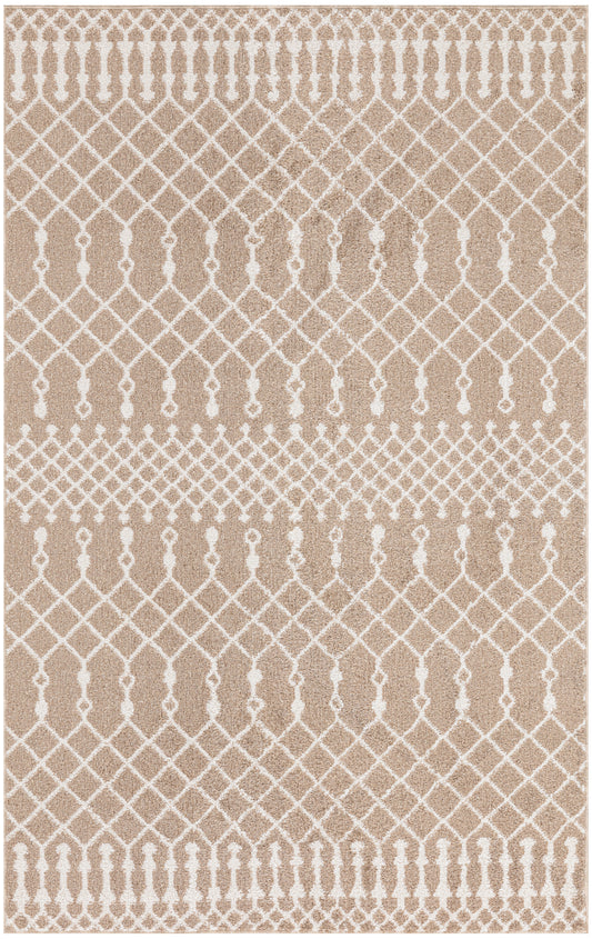 Beige rug with white lattice diamond pattern and tassel border, boho flat-weave style.