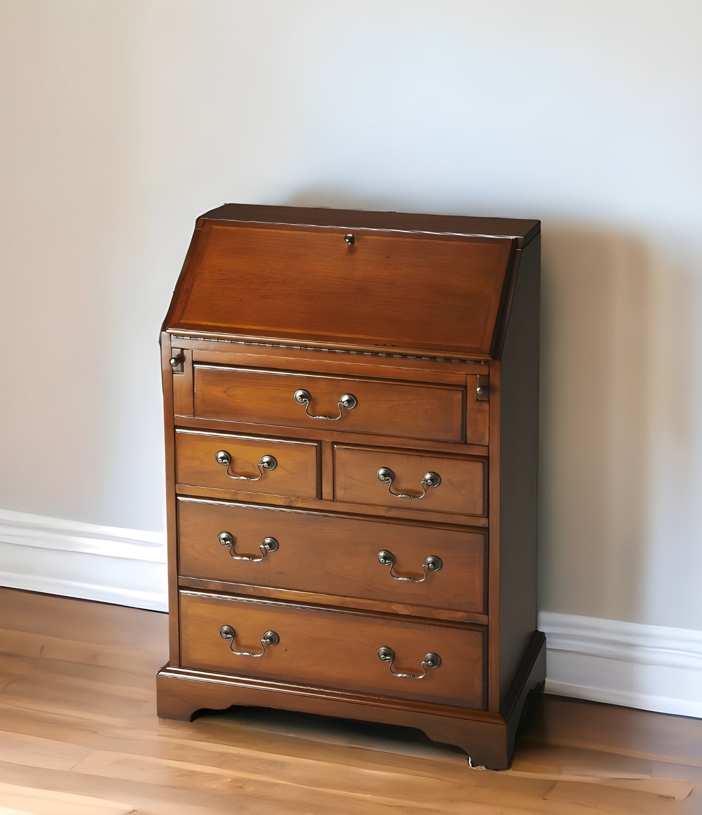 26" Brown Rubberwood Wood Secretary Desk With Five Drawers