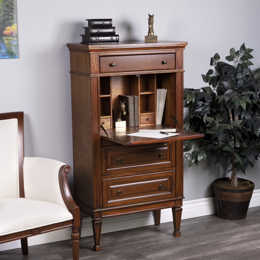 28" Brown Rubberwood Solid Manufactured Wood Secretary Desk With Three Drawers