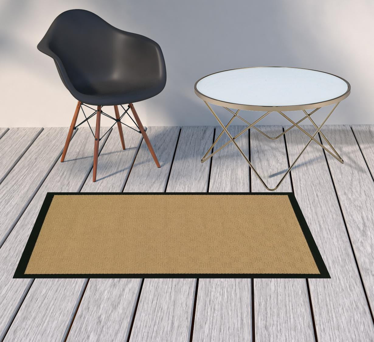 5' X 8' Beige and Black Indoor Outdoor Area Rug