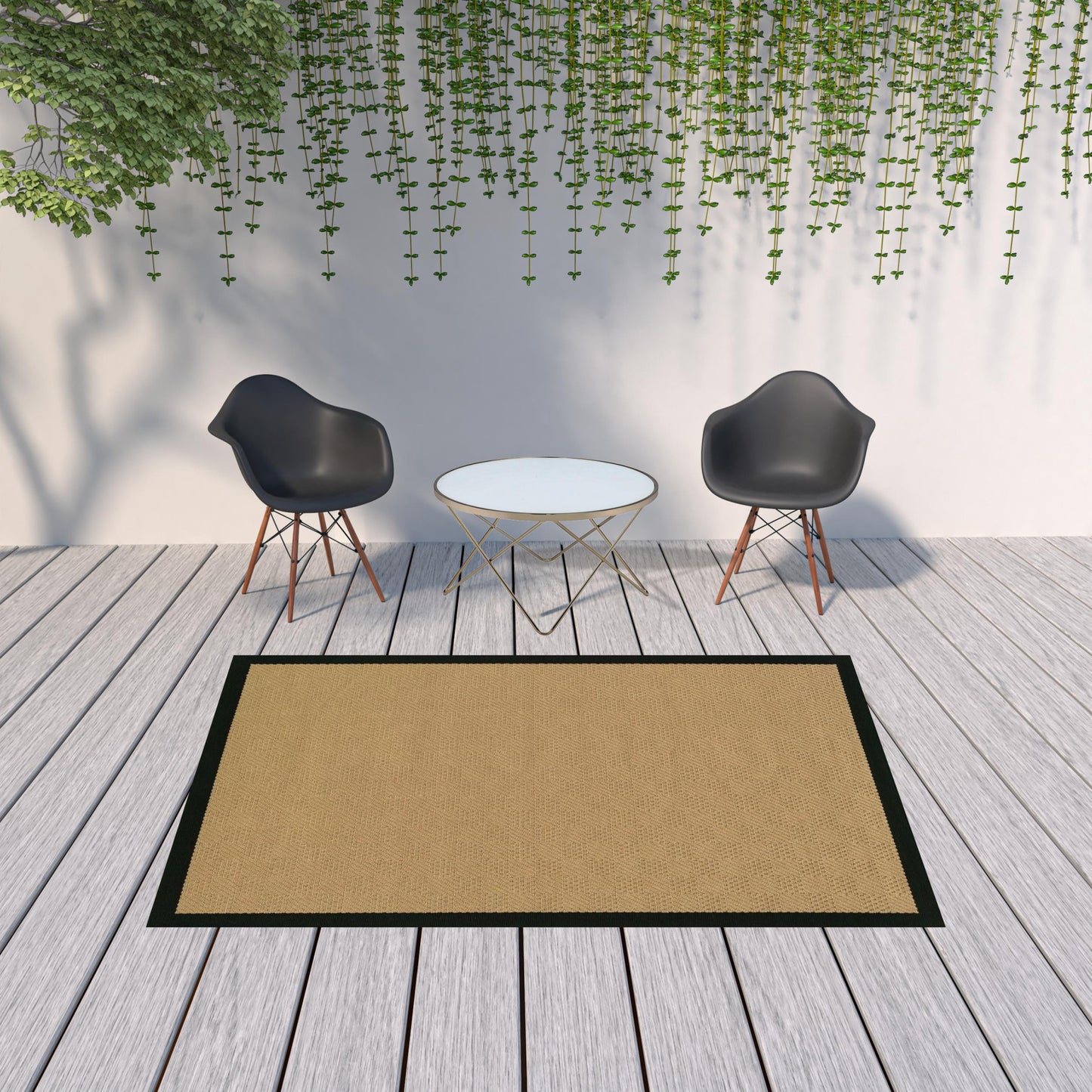 5' X 8' Beige and Black Indoor Outdoor Area Rug