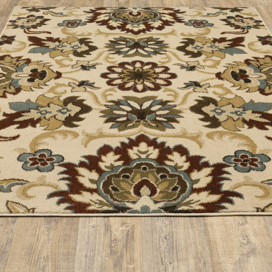 7' X 9' Ivory And Red Floral Vines Area Rug