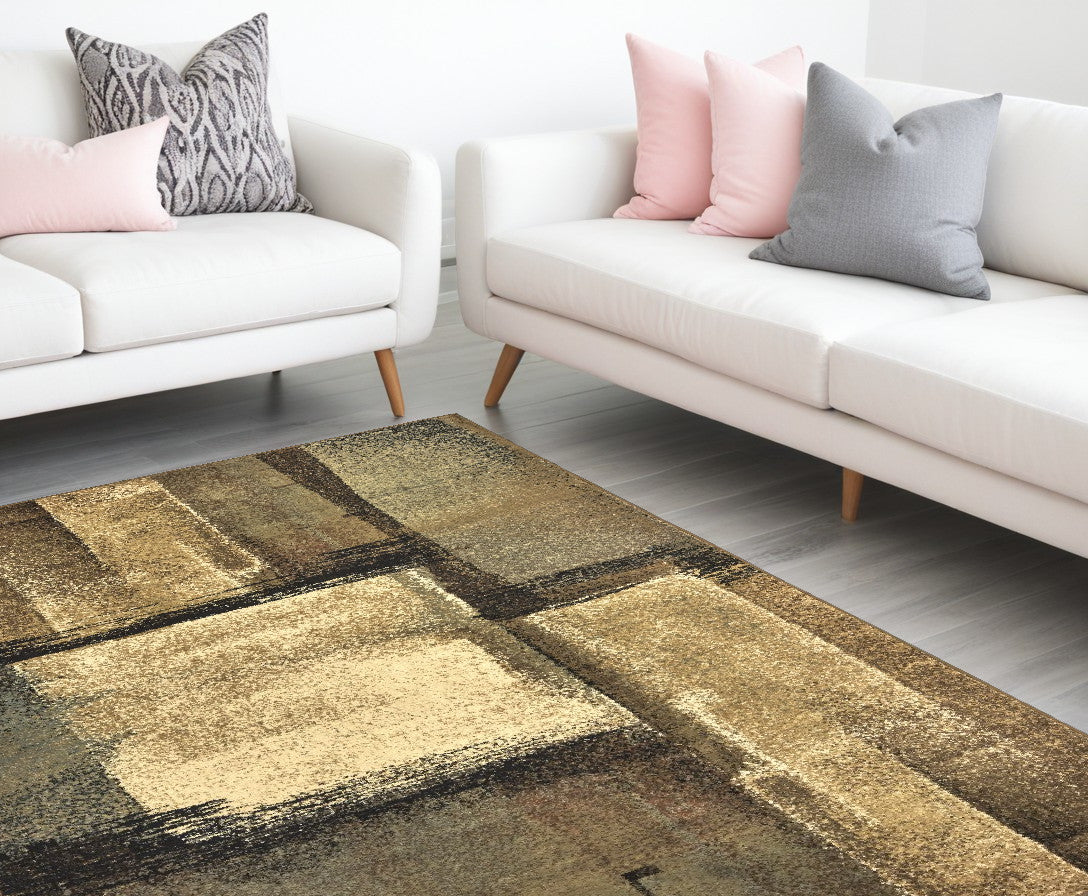 3' X 5' Brown And Beige Distressed Blocks Area Rug