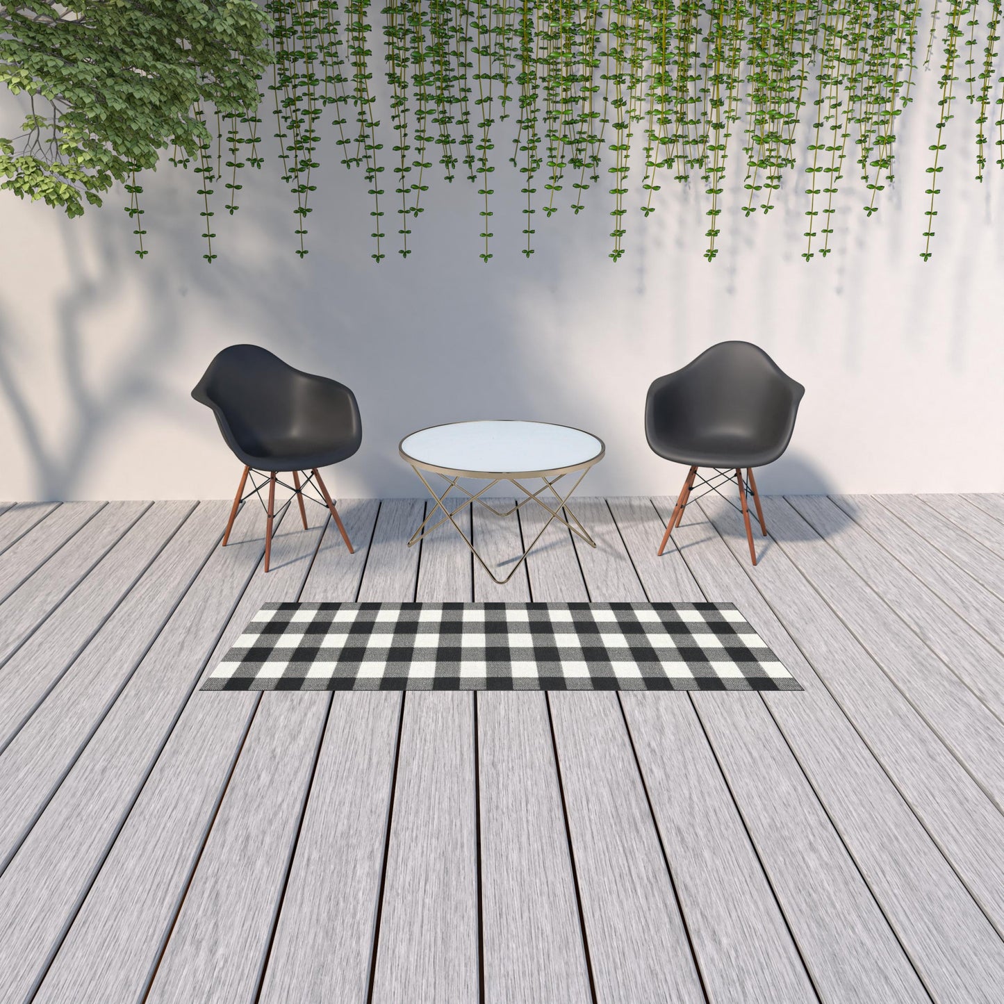 8' X 8' Black and Ivory Indoor Outdoor Area Rug