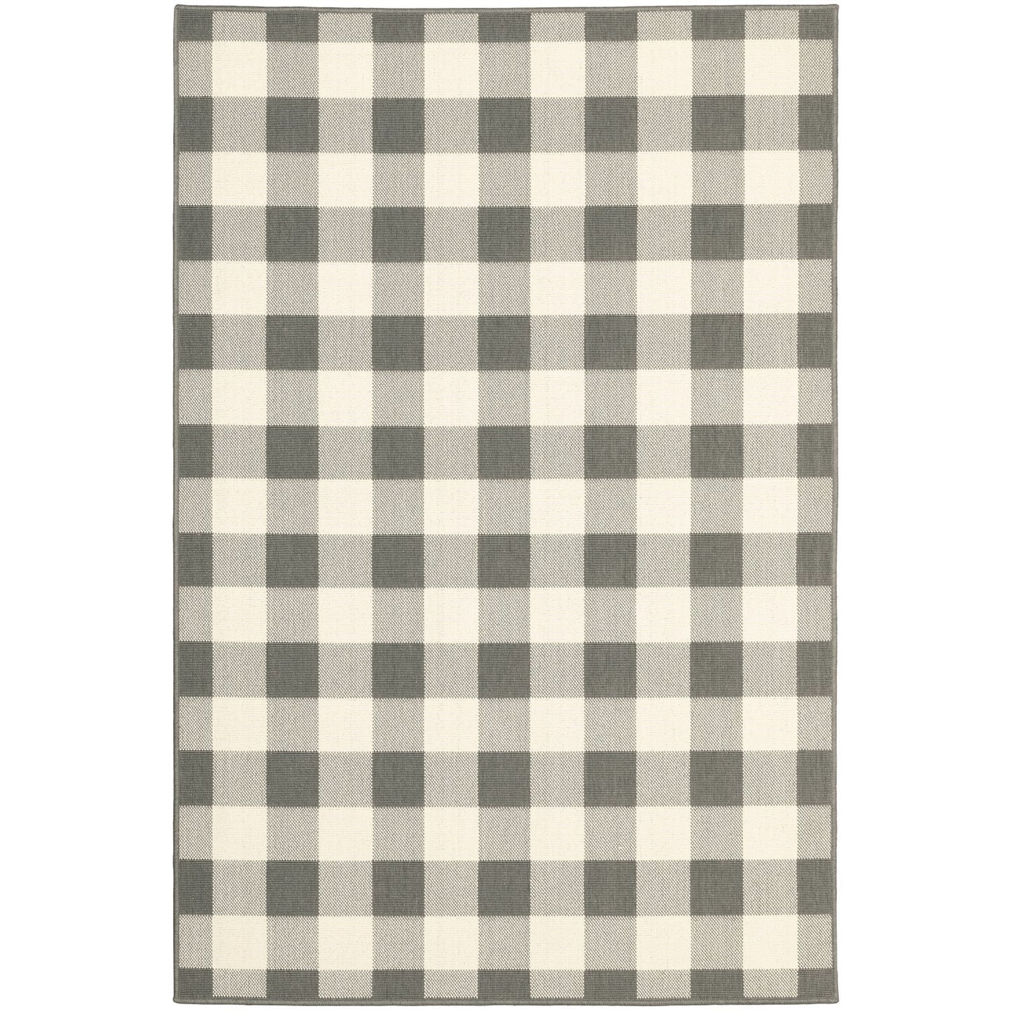 8' Round Gray and Ivory Round Gingham Stain Resistant Indoor Outdoor Area Rug