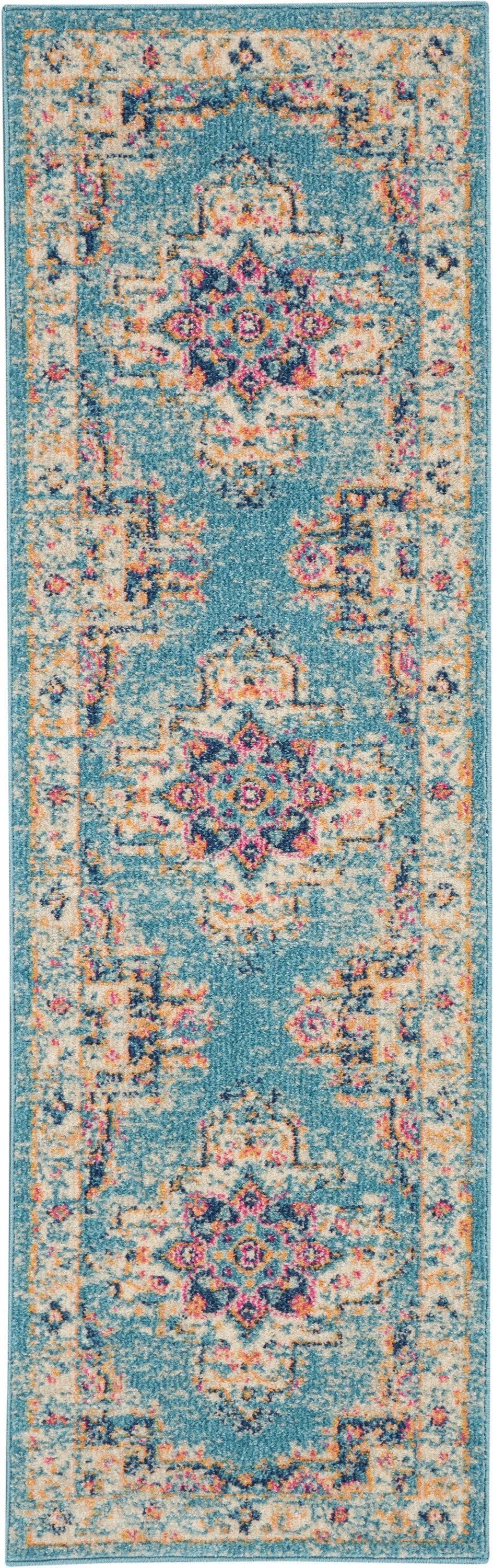 Blue teal oriental runner rug with cream and orange border, pink floral medallions, vintage distressed feel.