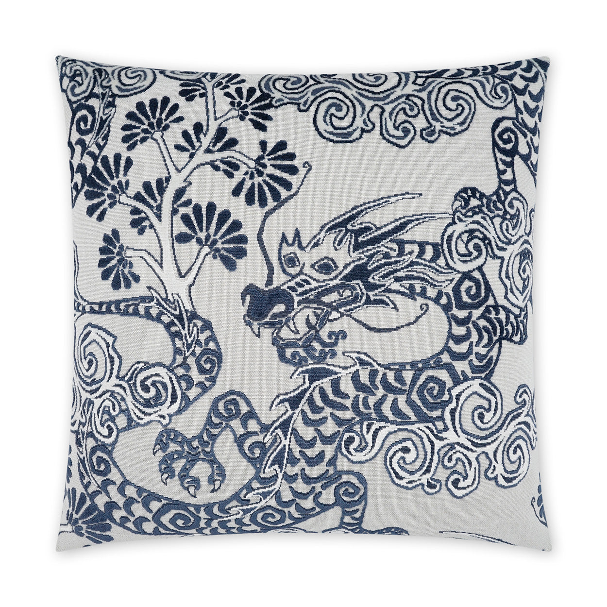 Navy dragon with floral swirls on light gray linen pillow; decorative chinoiserie throw pillow.