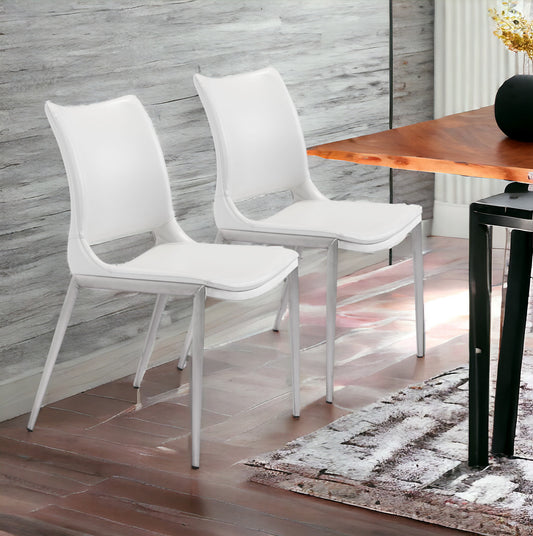 Set of Two White And Silver Upholstered Faux Leather Dining Side Chairs