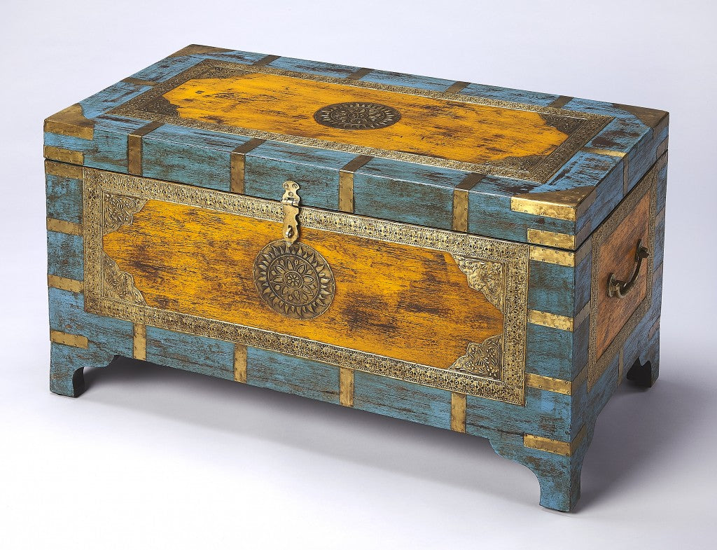 Hand Painted Brass Inlay Solid Wood Storage Trunk