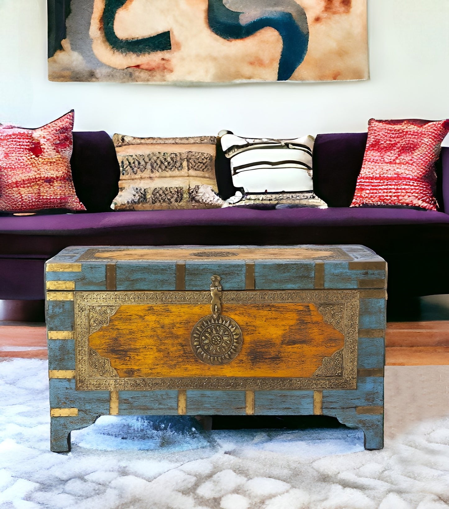 Hand Painted Brass Inlay Solid Wood Storage Trunk