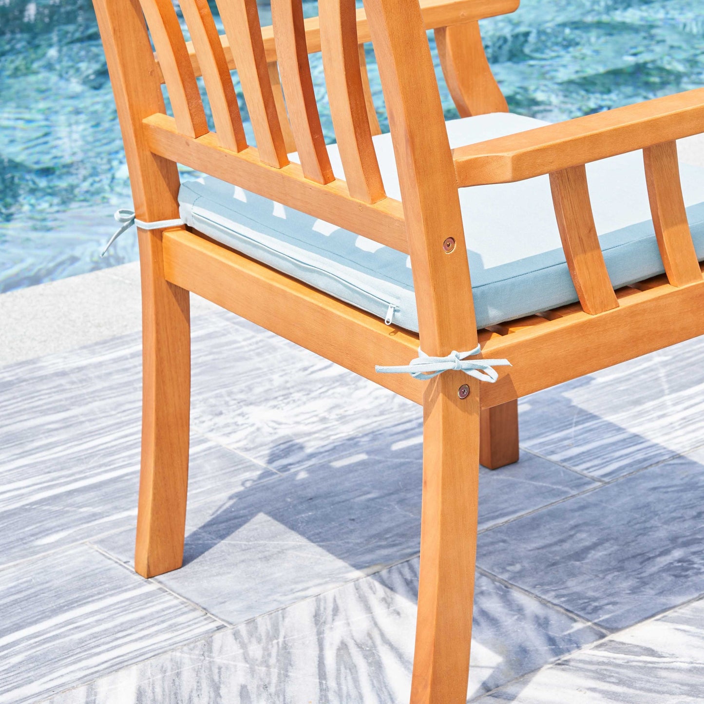 35" Natural Eucalyptus Slat Wood Outdoor Accent Chair with Aqua Cushion
