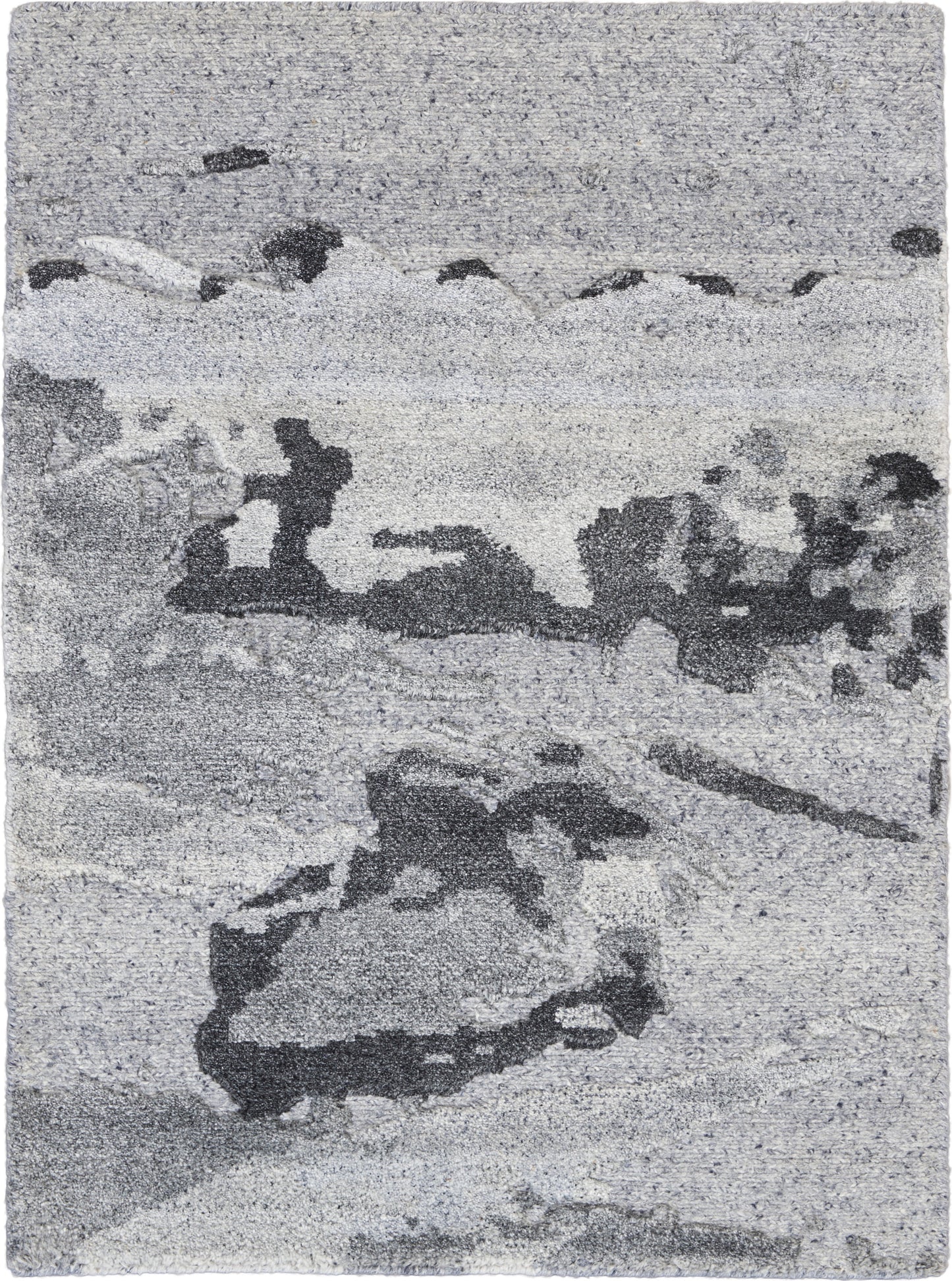 Gray-toned abstract seascape rug with rocky shoreline & waves, soft textured appearance.