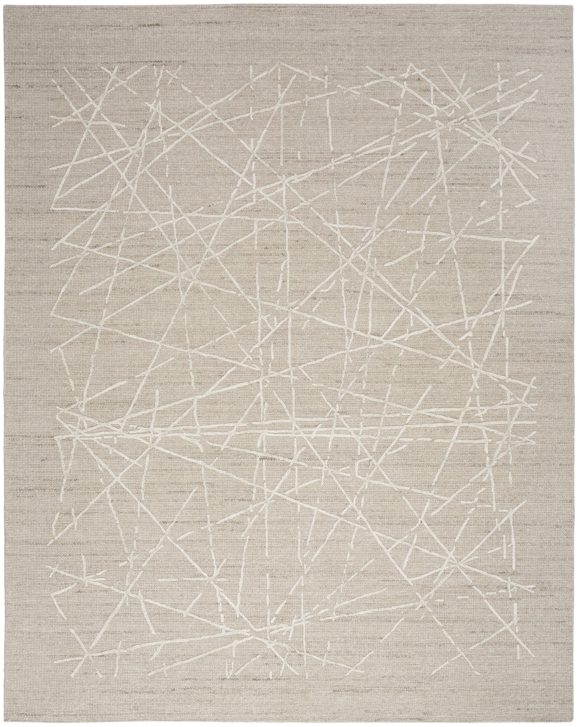Beige flatweave rug with white abstract crisscross lines; modern geometric accent for living spaces.