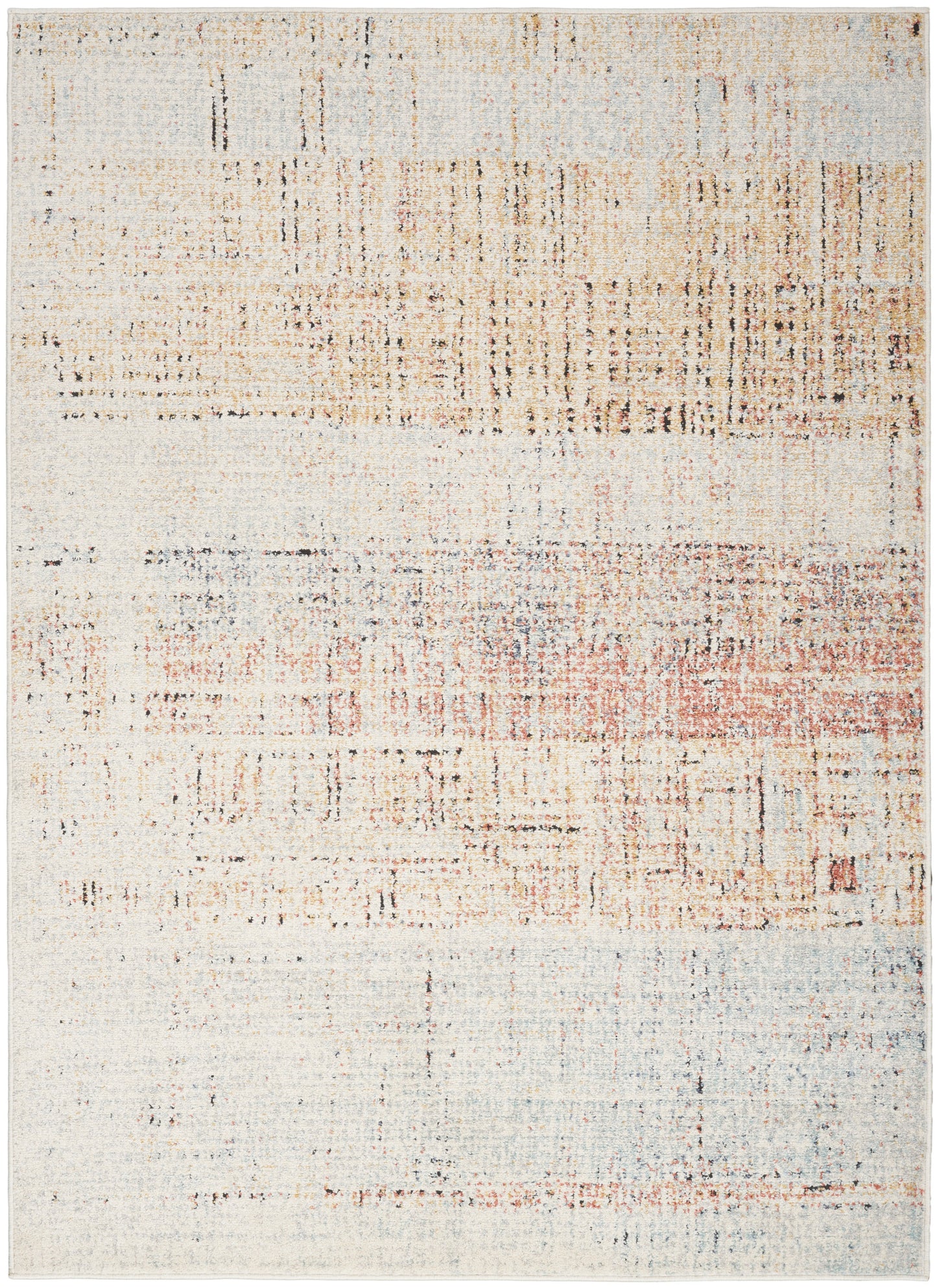 Rectangular abstract distressed area rug in cream, pale blue and peach with rust accents; modern, soft woven feel.