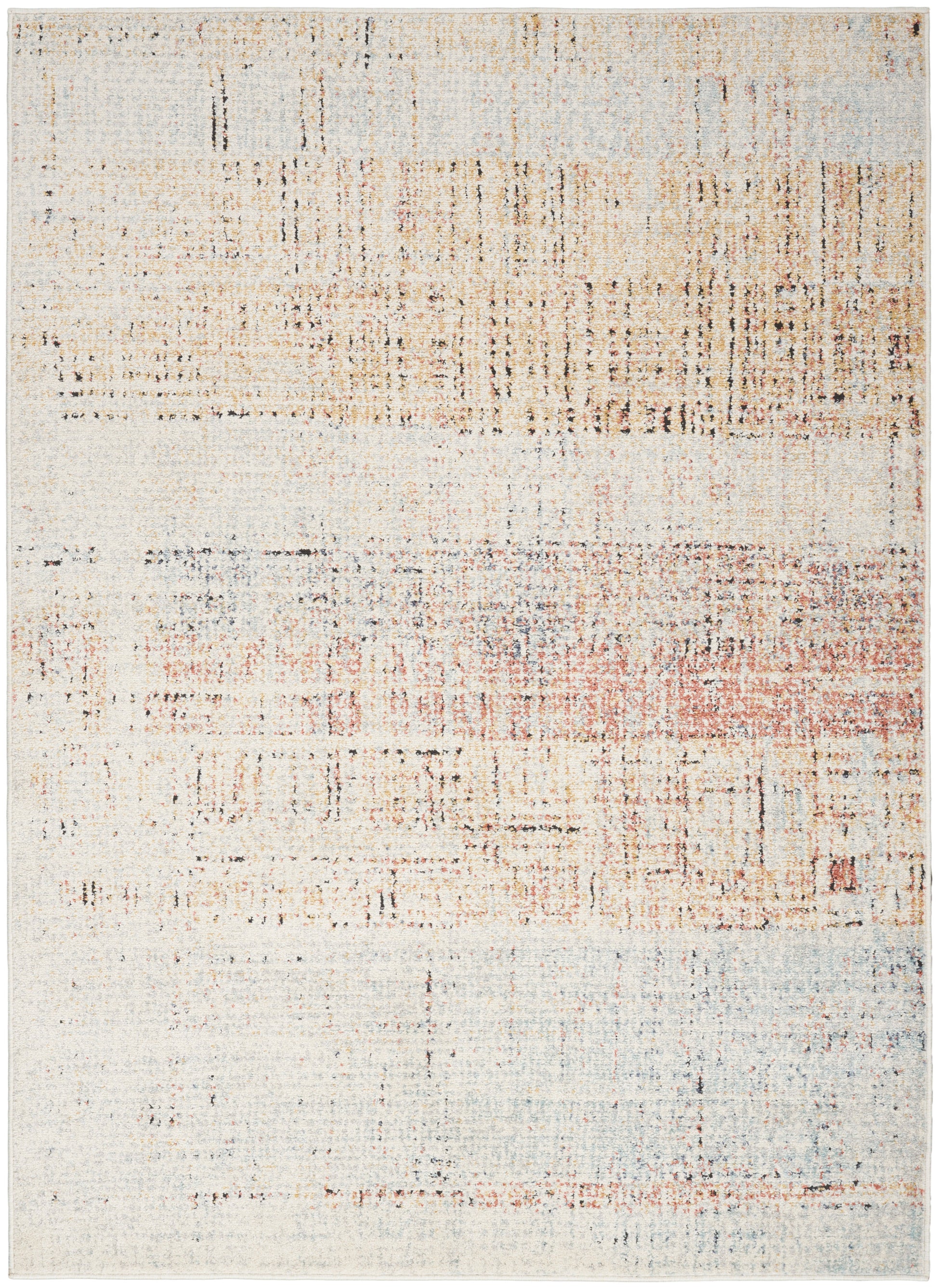 Rectangular abstract distressed area rug in cream, pale blue and peach with rust accents; modern, soft woven feel.