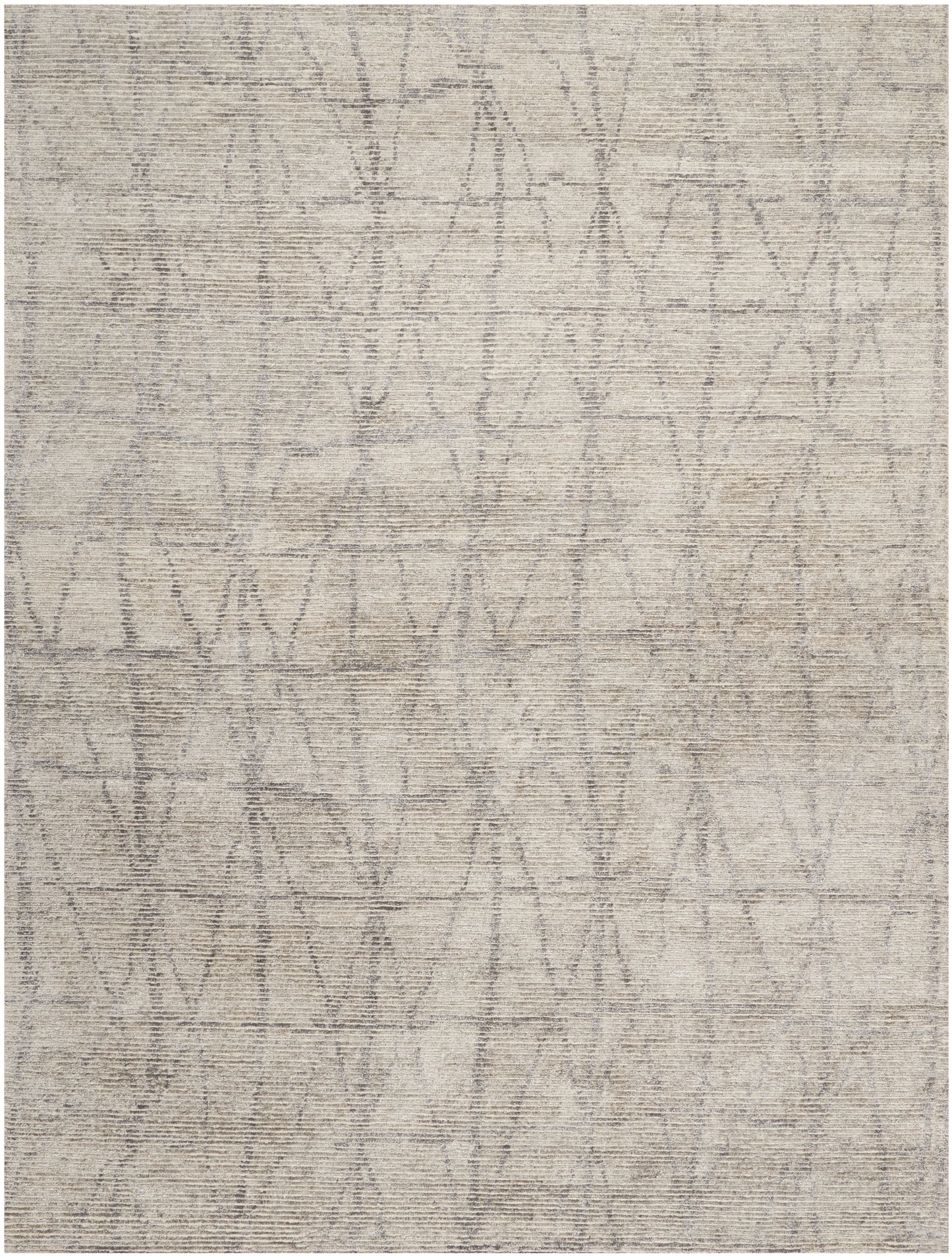 Muted beige-gray area rug with a subtle distressed geometric lattice of triangles; textured woven surface.
