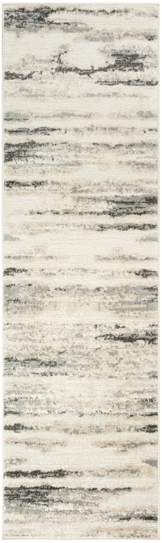 Long beige runner rug with abstract gray brush-stroke pattern; modern, low-pile hallway decor.